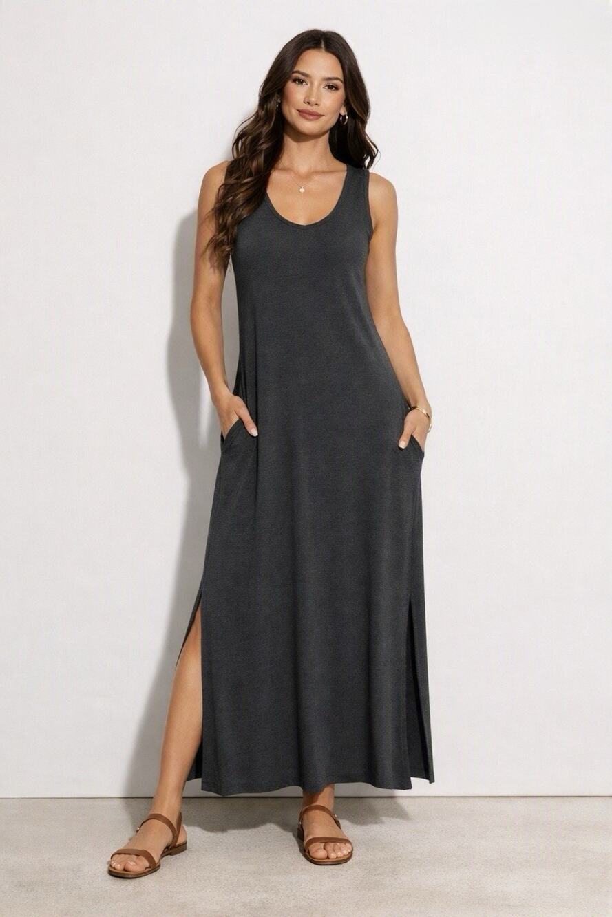 Skivys Bamboo Daydreamer Maxi Dress — S Gray Modal Stretch Lounge Travel Gown
